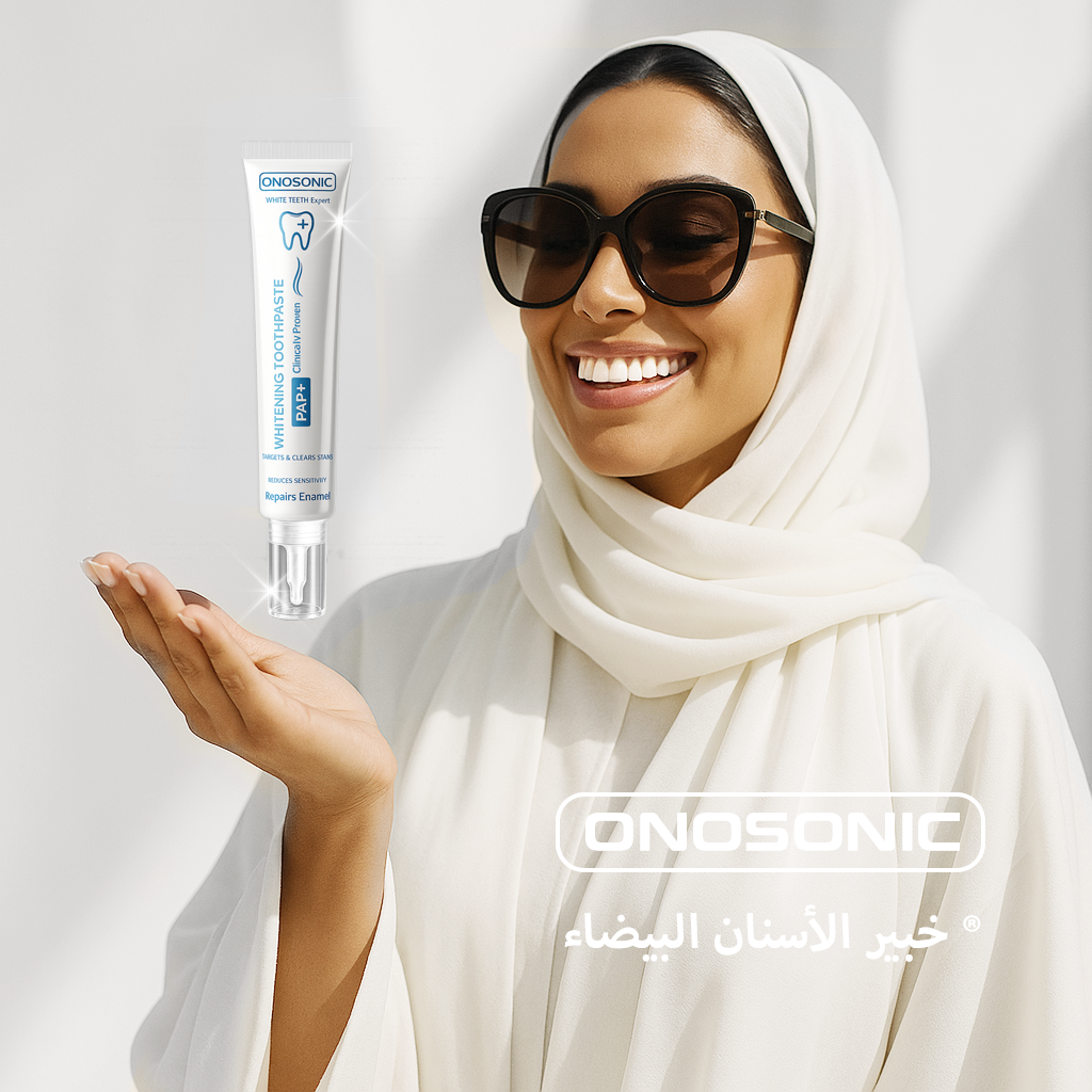 Close-up of ONOSONIC WHITE TEETH Expert® PAP+ Whitening Toothpaste designed for safe, peroxide-free teeth whitening with 8% PAP+, hydroxyapatite for enamel repair, and natural peppermint freshness