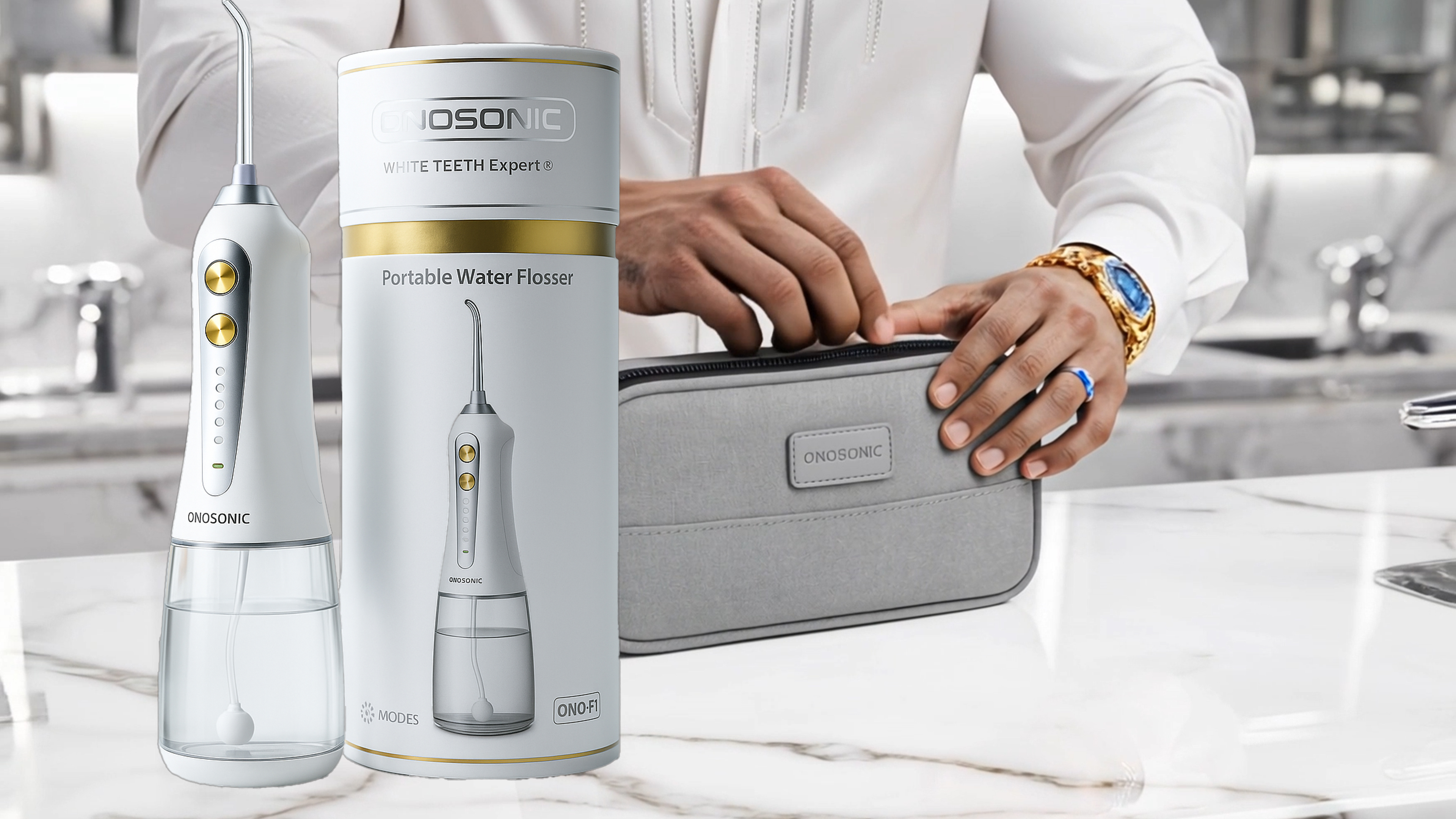 The ONOSONIC WHITE TEETH Expert&reg; ONO-F1 Water Flosser delivers high-pressure water pulses to remove plaque, food particles, and bacteria from hard-to-reach areas. Ideal for braces, veneers, crowns, implants, and sensitive gums, it ensures healthier gums, fresher breath, and a professional-level clean at home. Available for online delivery across UAE, Saudi Arabia, Qatar, Kuwait, Oman, Bahrain, and the GCC.