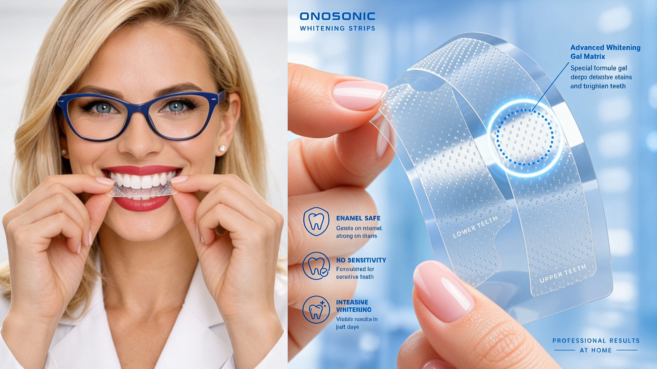 A close-up of a smiling person with noticeably whiter teeth after using whitening strips. The image highlights the effectiveness of at-home teeth whitening treatments, showing a radiant, confident smile. Ideal for illustrating how whitening strips can deliver visible results within days and help users achieve a brighter smile safely and conveniently.