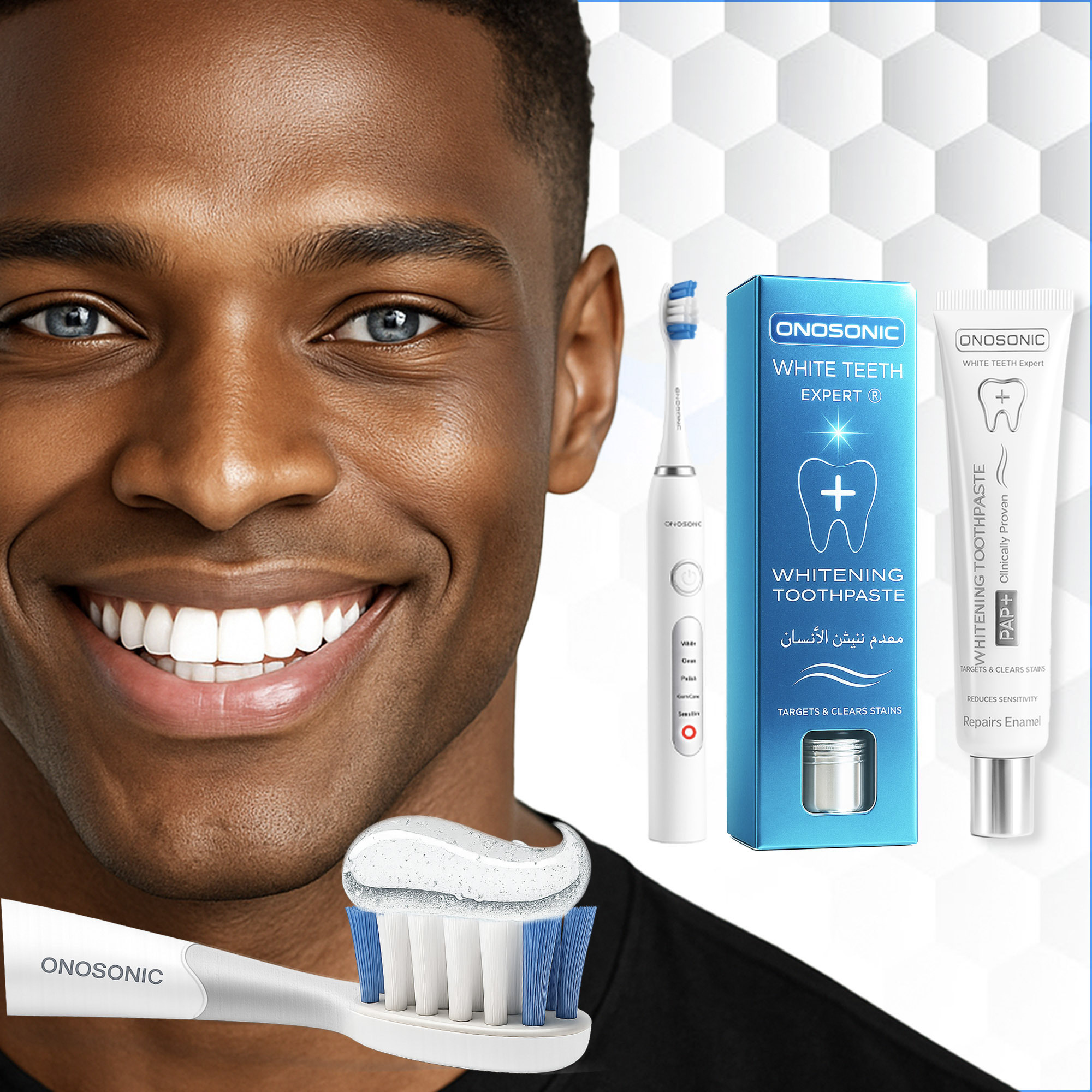 ONOSONIC WHITE TEETH Expert® WHITENING TOOTHPASTE PAP+ – Gentle Peroxide-Free Whitening Toothpaste with Hydroxyapatite Tube of ONOSONIC WHITE TEETH Expert® WHITENING TOOTHPASTE PAP+ displayed on a clean white background, showcasing a peroxide-free formula with PAP+ technology and hydroxyapatite for enamel protection and gentle whitening.