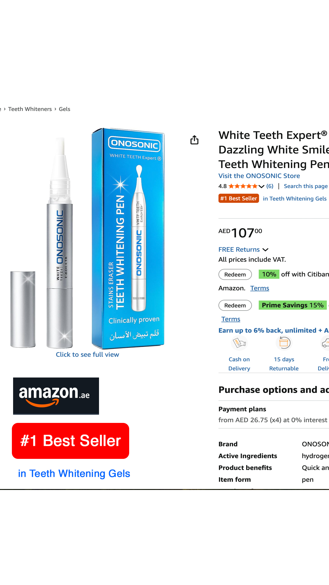 ONOSONIC WHITE TEETH Expert&reg; Whitening Gel Pen Pro with 6% hydrogen peroxide formula for fast and precise teeth whitening at home in Dubai and UAE.