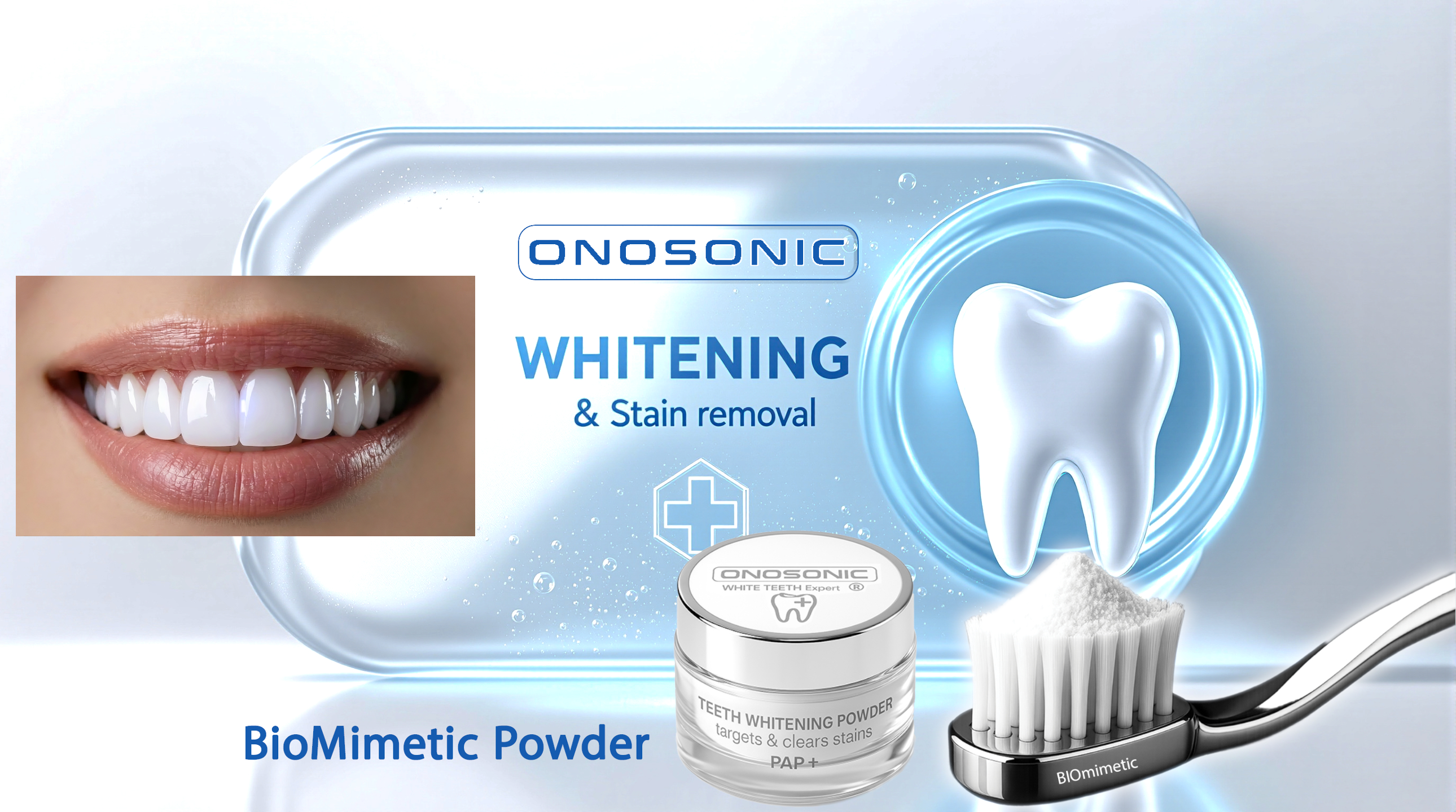ONOSONIC WHITE TEETH Expert&reg; PAP+ Whitening Powder, a peroxide-free formula designed to safely remove stains and whiten teeth without sensitivity for a brighter, healthier smile.