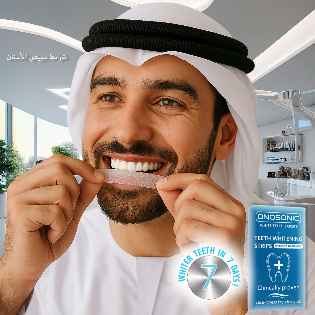 ONOSONIC WHITE TEETH Expert® Whitening Strips featuring PAP+ technology – enamel-safe, peroxide-free teeth whitening solution designed in Dubai for fast, gentle stain removal