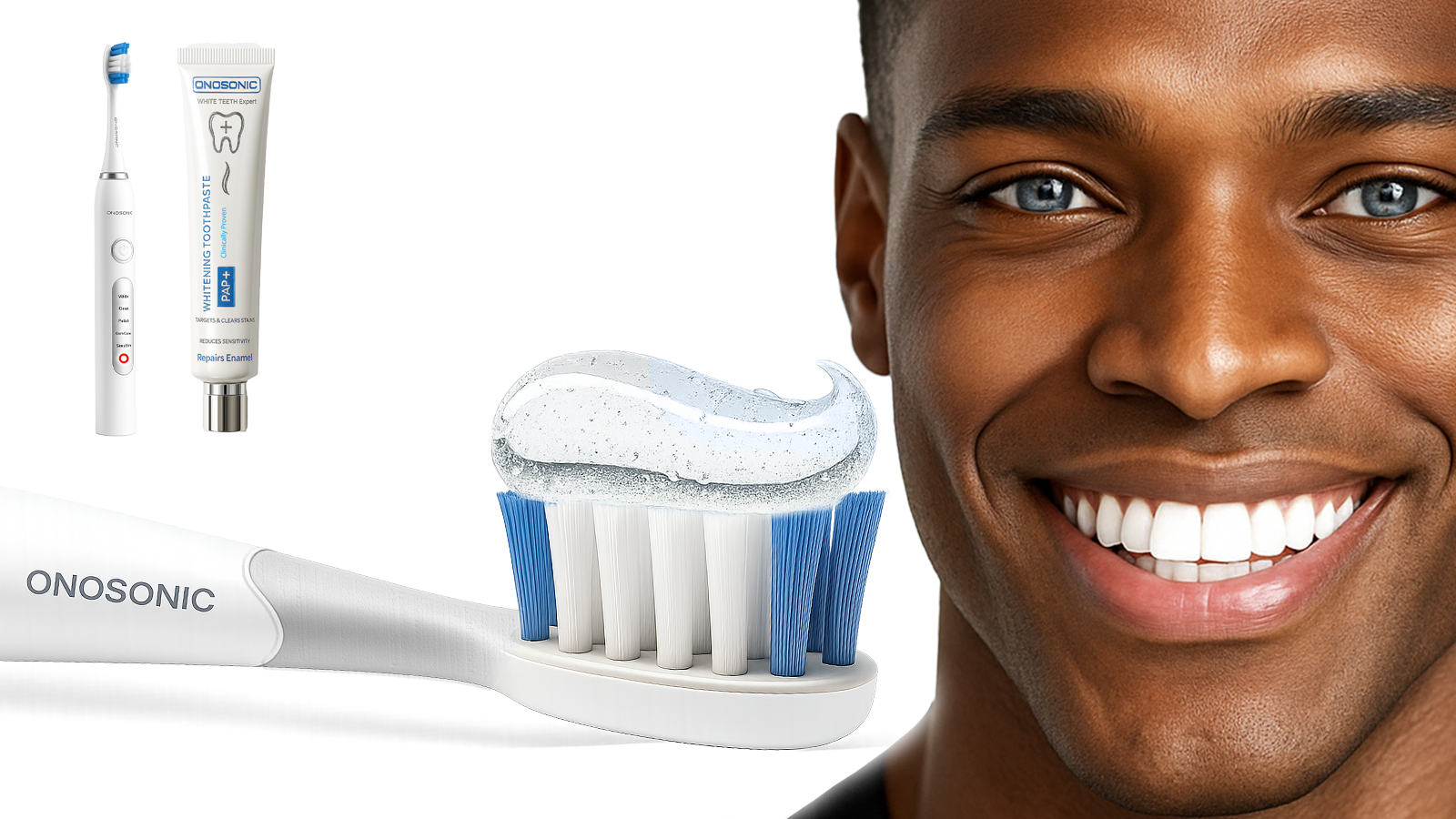 Lifestyle hero showing ONOSONIC DX-1 toothbrush, ONO-F1 water flosser, and PAP+ whitening range, positioned as a premium Dubai oral-care system.