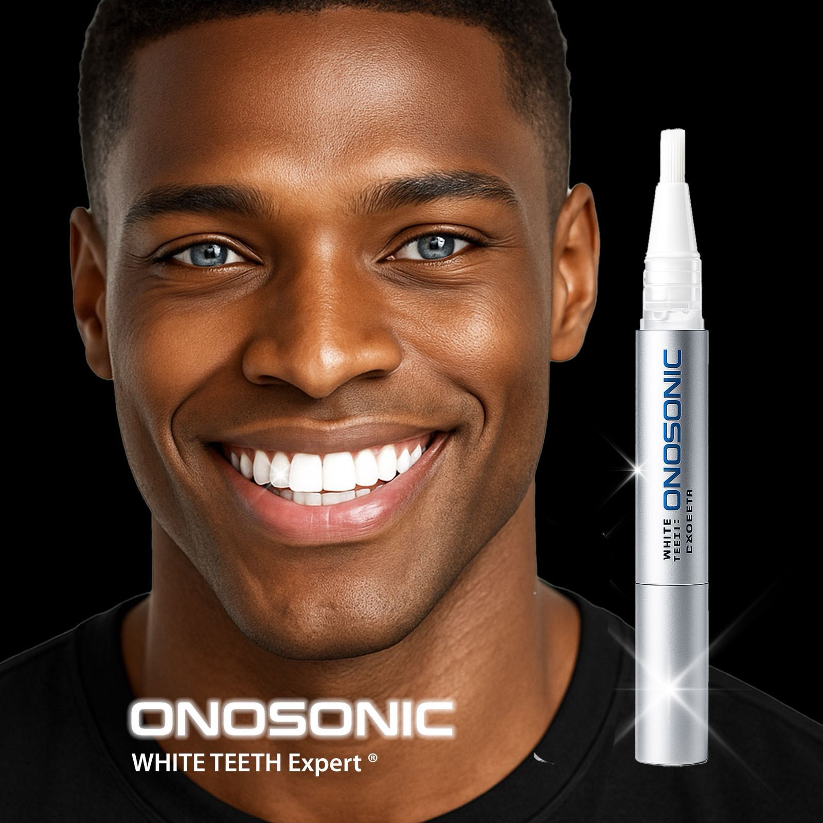 A sleek Onosonic White Teeth Expert Whitening Gel Pen placed beside a smiling person with bright white teeth. The image highlights the product’s elegant design and easy brush-tip applicator, showcasing how it delivers fast, professional-grade whitening results at home. Ideal for blog posts about teeth whitening solutions, oral care routines, and beauty tips.