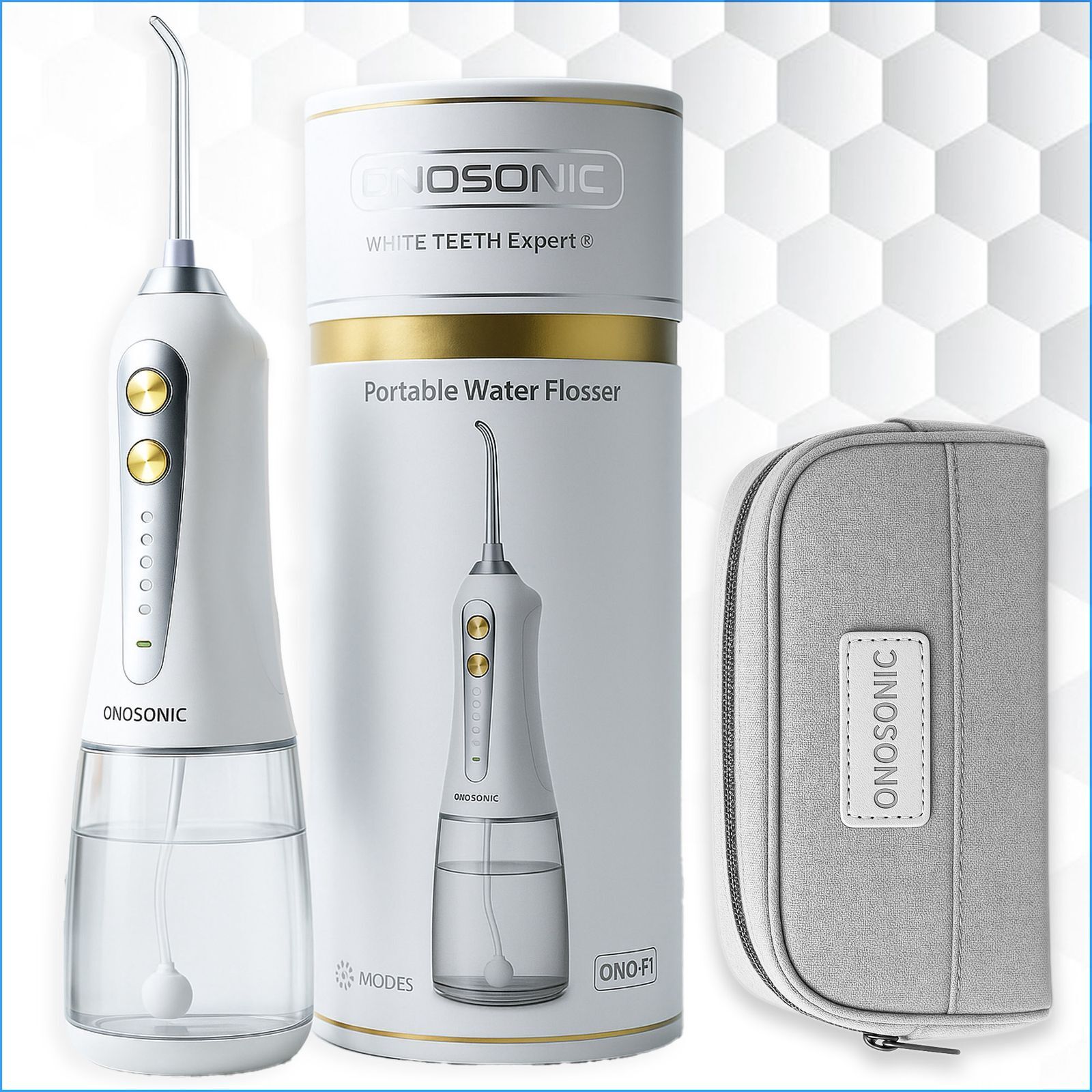 ONOSONIC WHITE TEETH Expert® WATER FLOSSER ONO-F1 shown with its 300ml removable water tank, five pressure mode settings, USB charging cable, multiple nozzle tips, and premium travel pouch – the ideal portable solution for advanced dental hygiene and gum care.